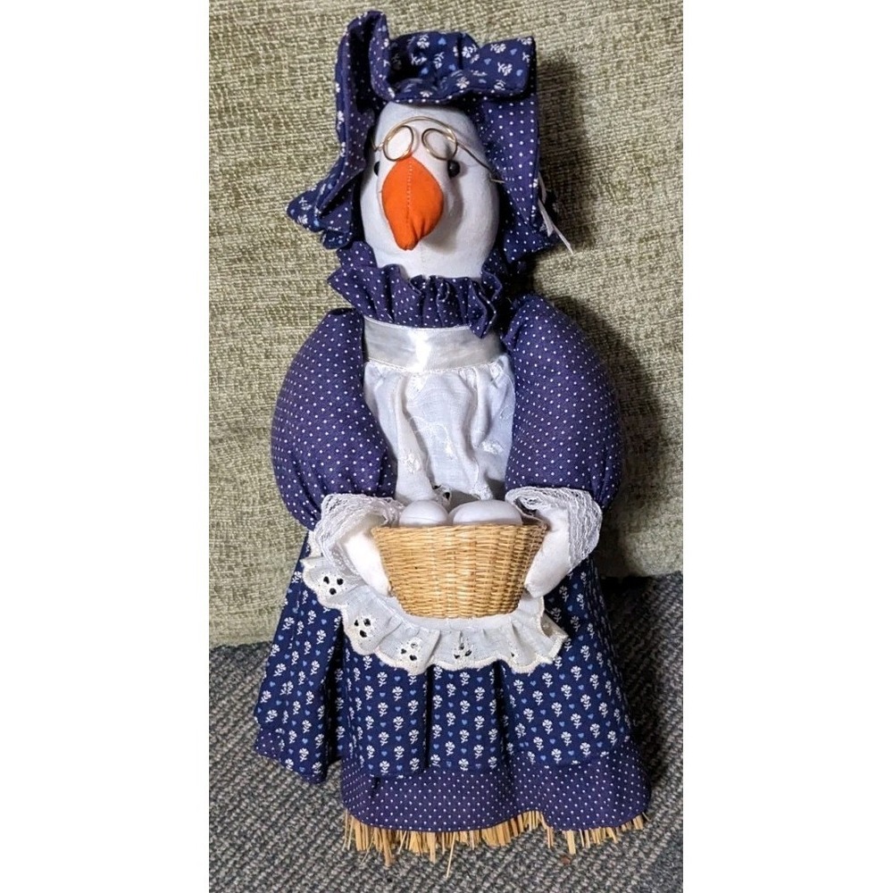 Vtg Country Goose Broom Figure Farmhouse Decor Stuffed Cottage Blue Egg Basket